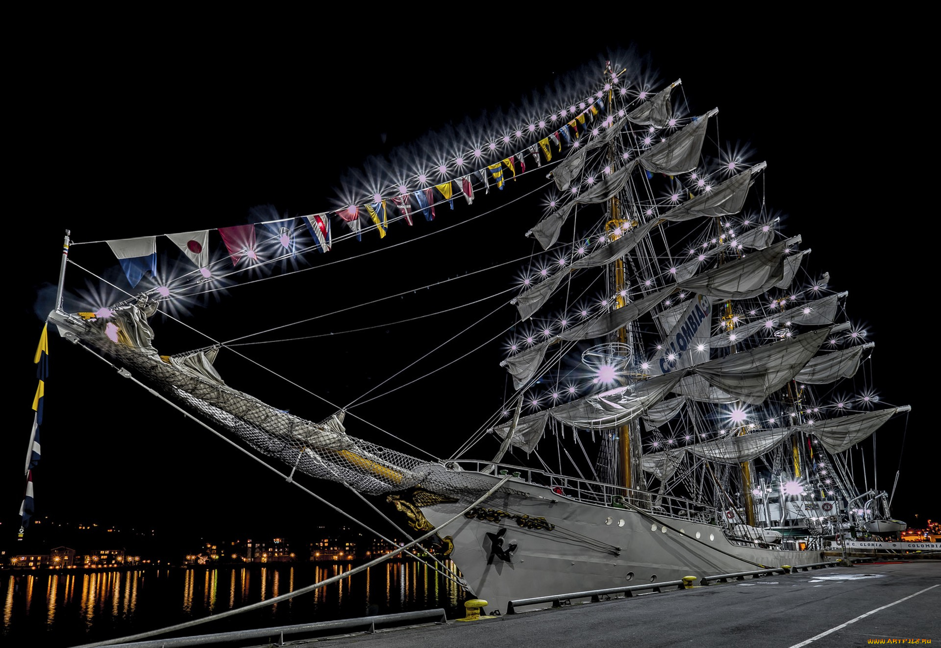 корабли, парусники, причал, ночь, мачты, паруса