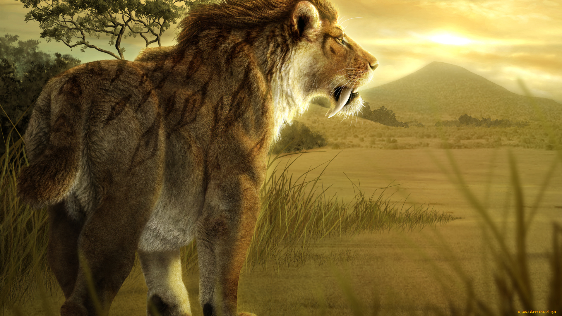 рисованное, животные, , львы, лев, фон, пустыня, гора, дерево