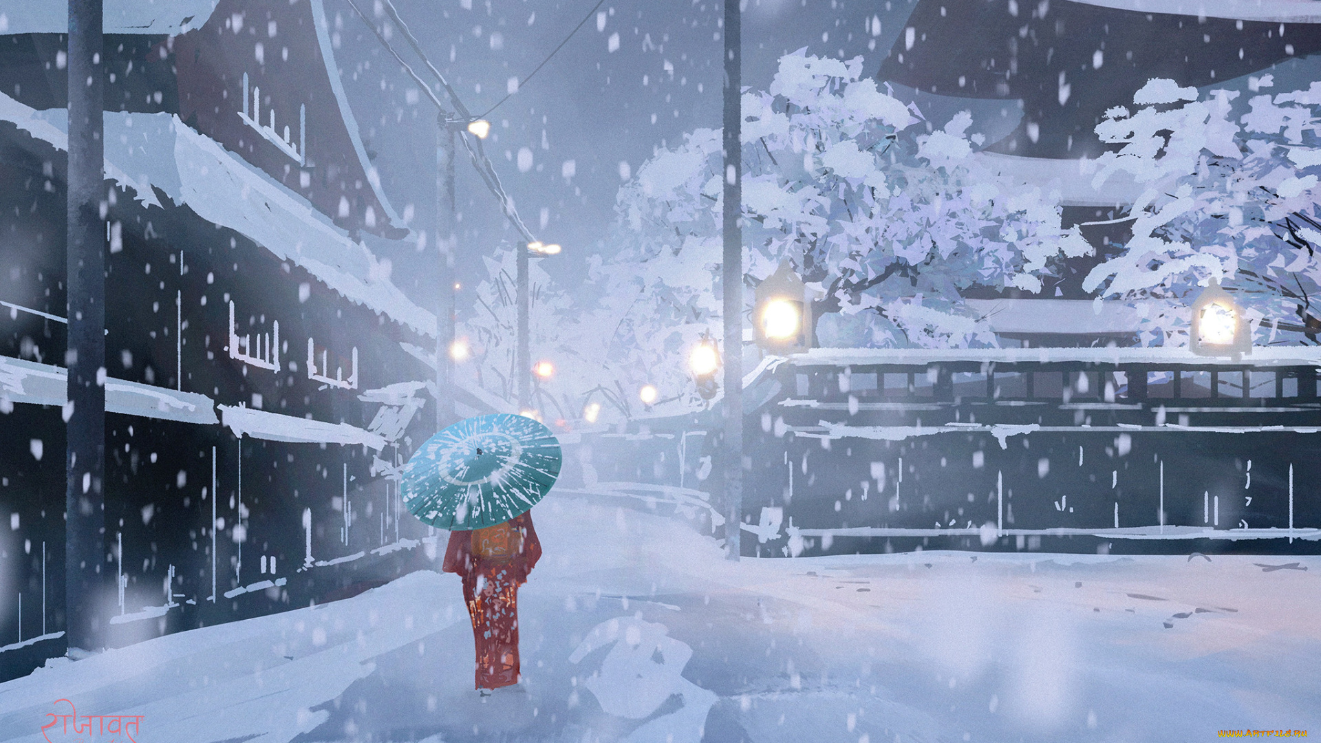 аниме, зима, , новый, год, , рождество, гейша