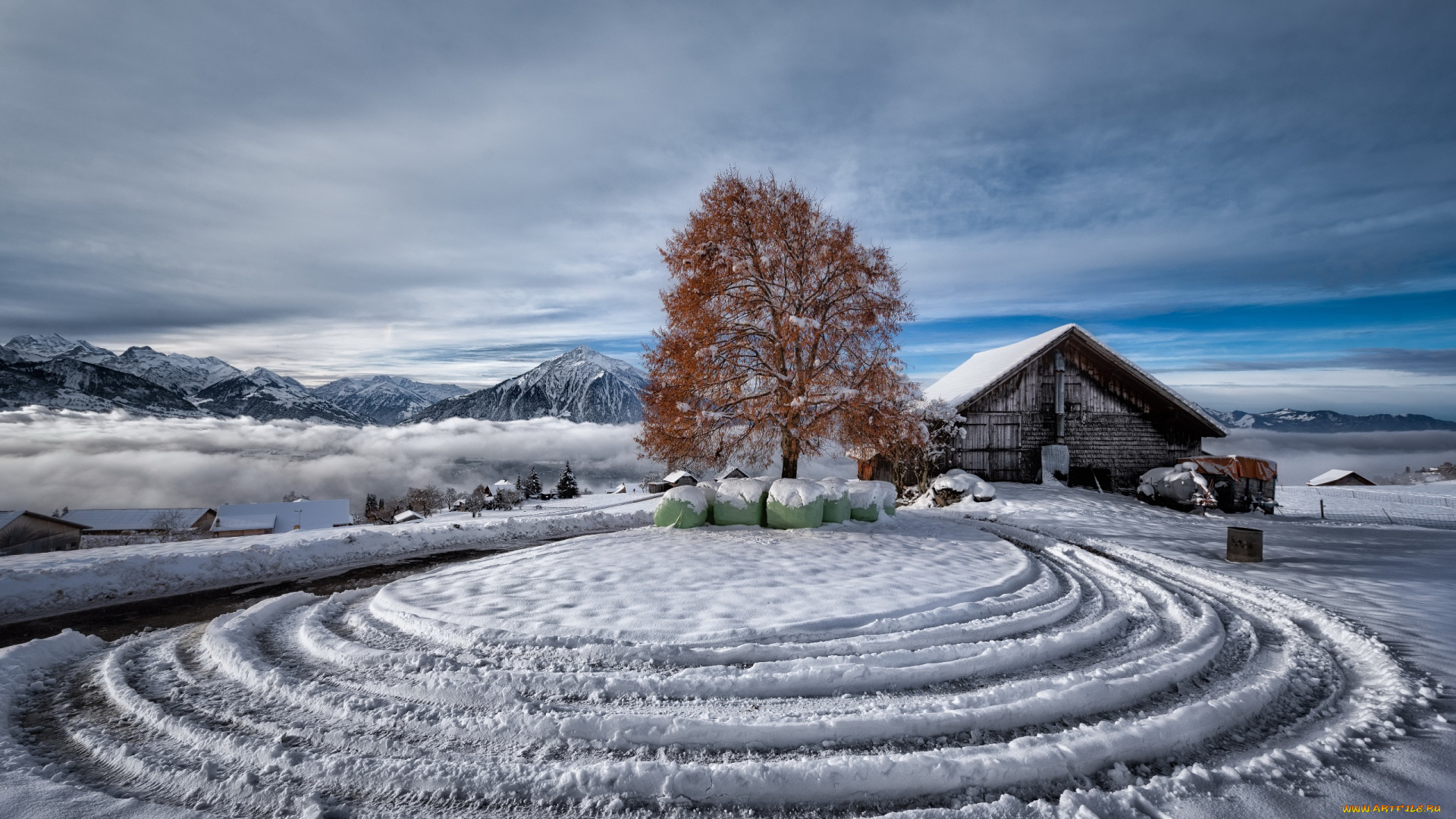 города, -, здания, , дома, деревня, снег, зима, дом, природа, дерево, горы