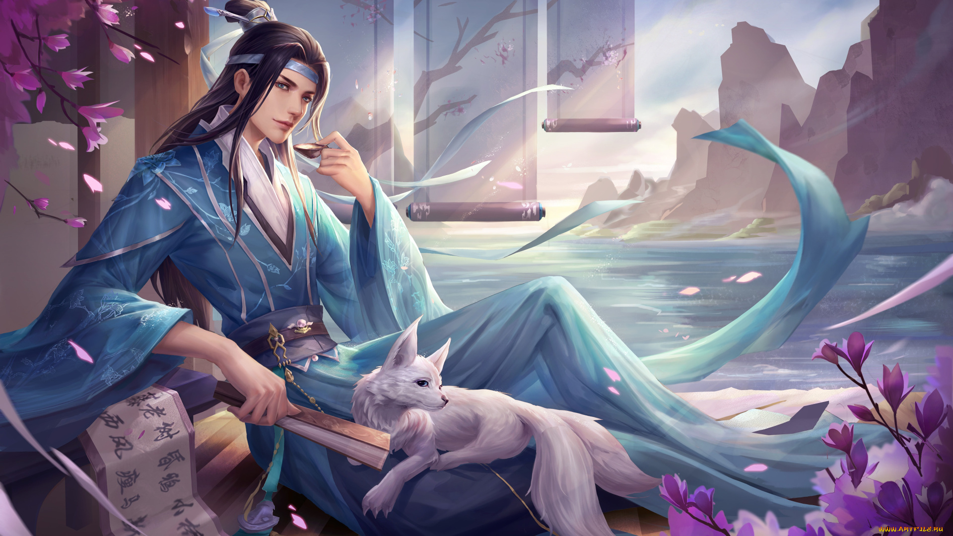 wy, c, фэнтези, люди, веер, парень, азия, лиса