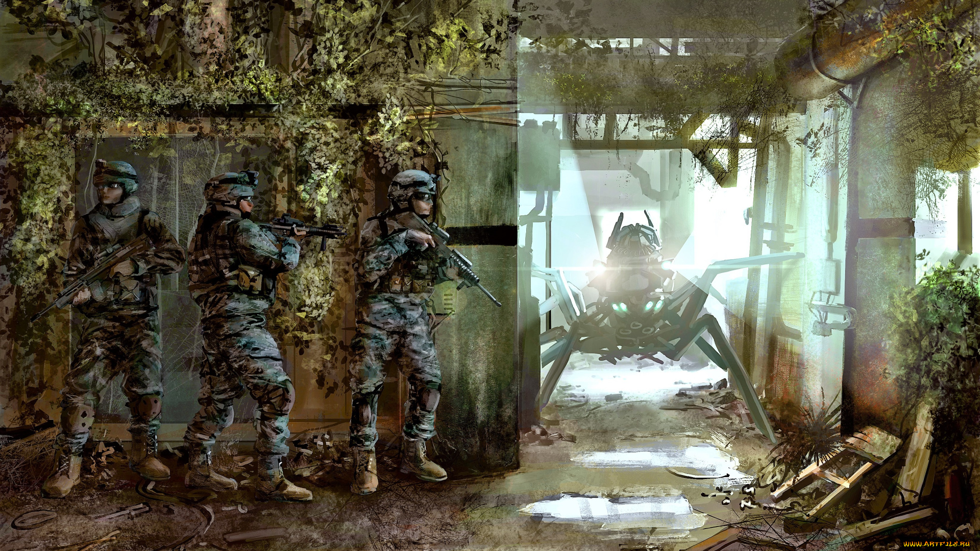 фэнтези, существа, солдаты, здание, паук