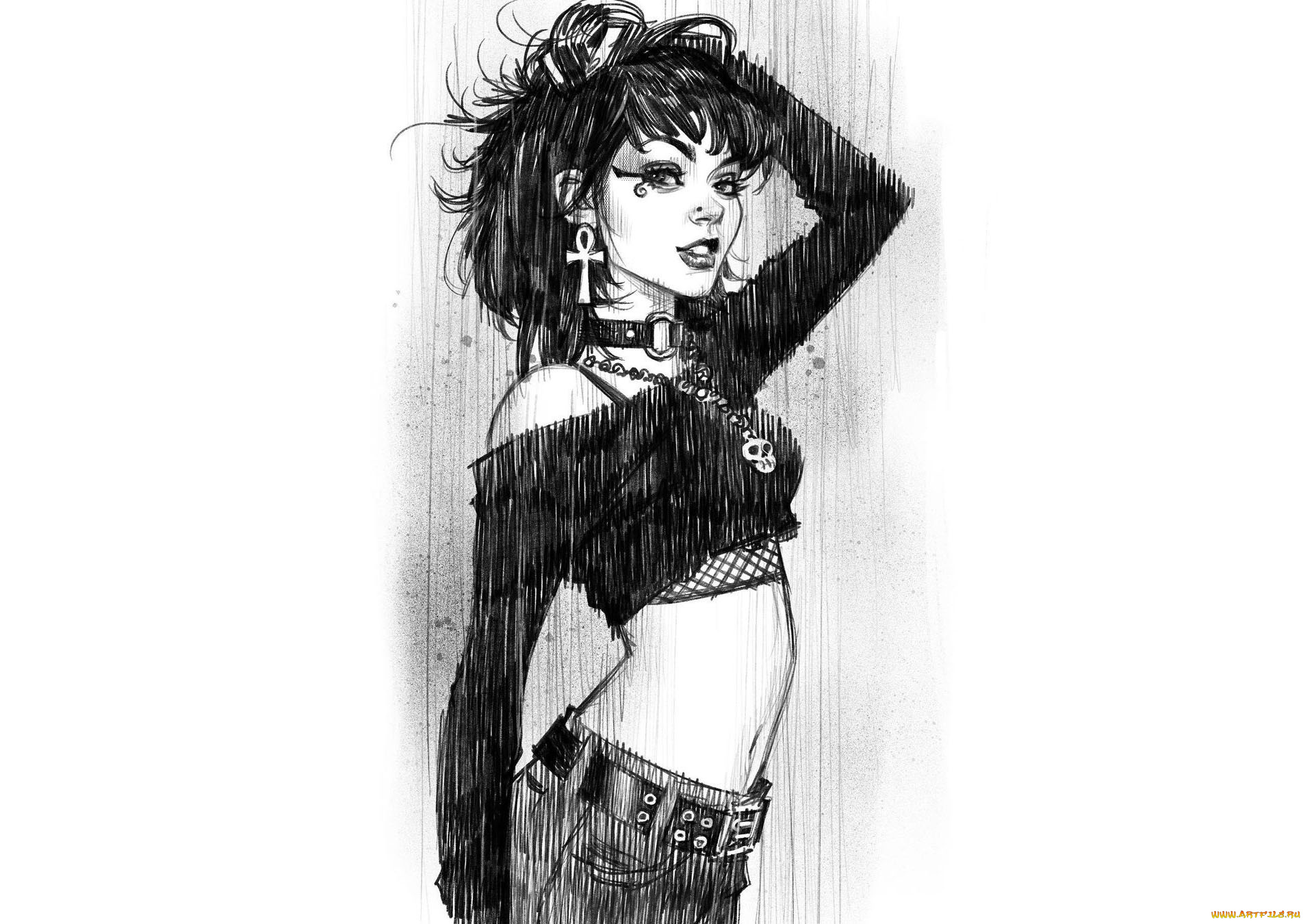 рисованное, люди, девушка, топ, джинсы, украшения, дождь