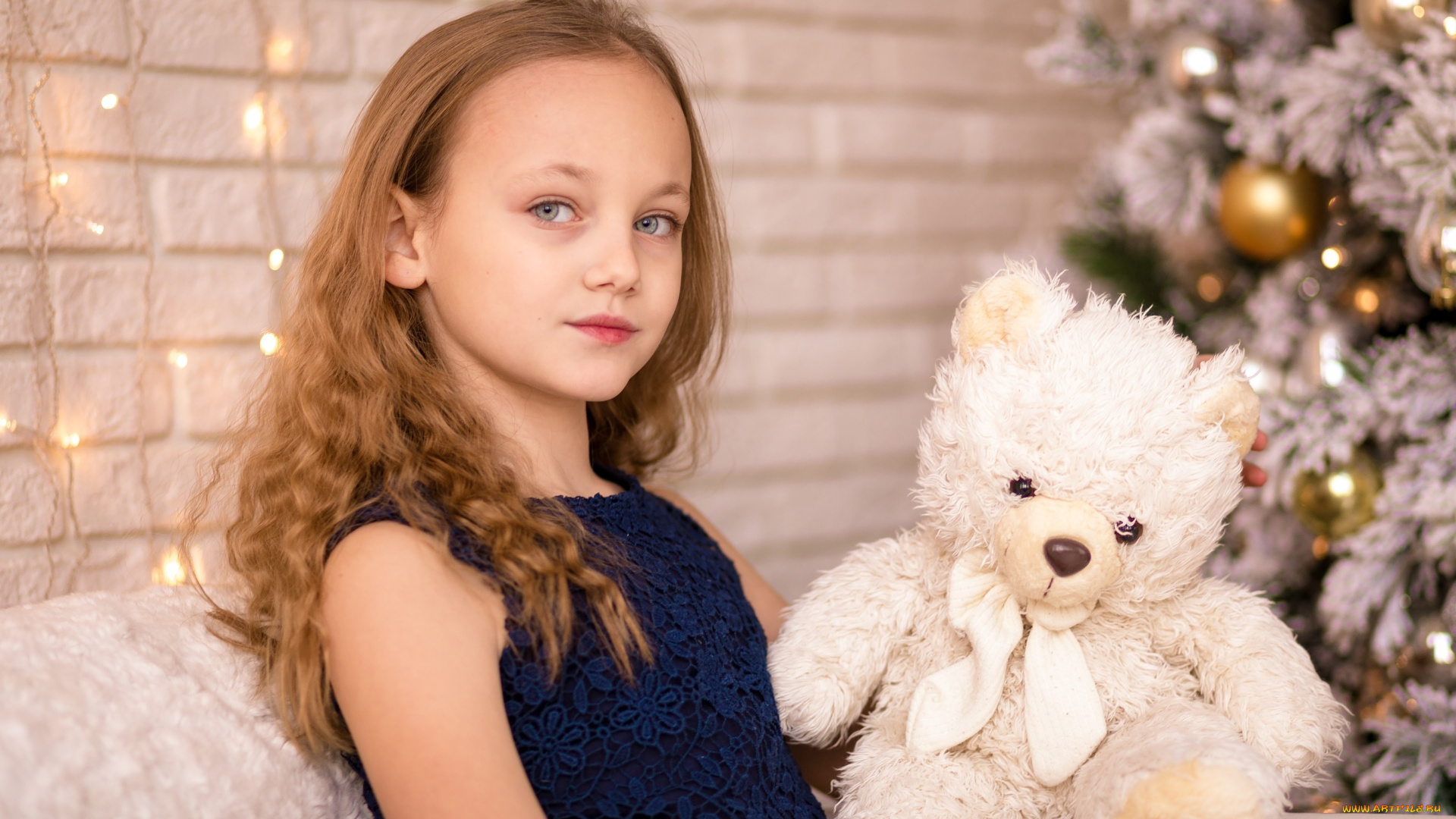 разное, дети, девочка, платье, мишка, гирлянда, ёлка