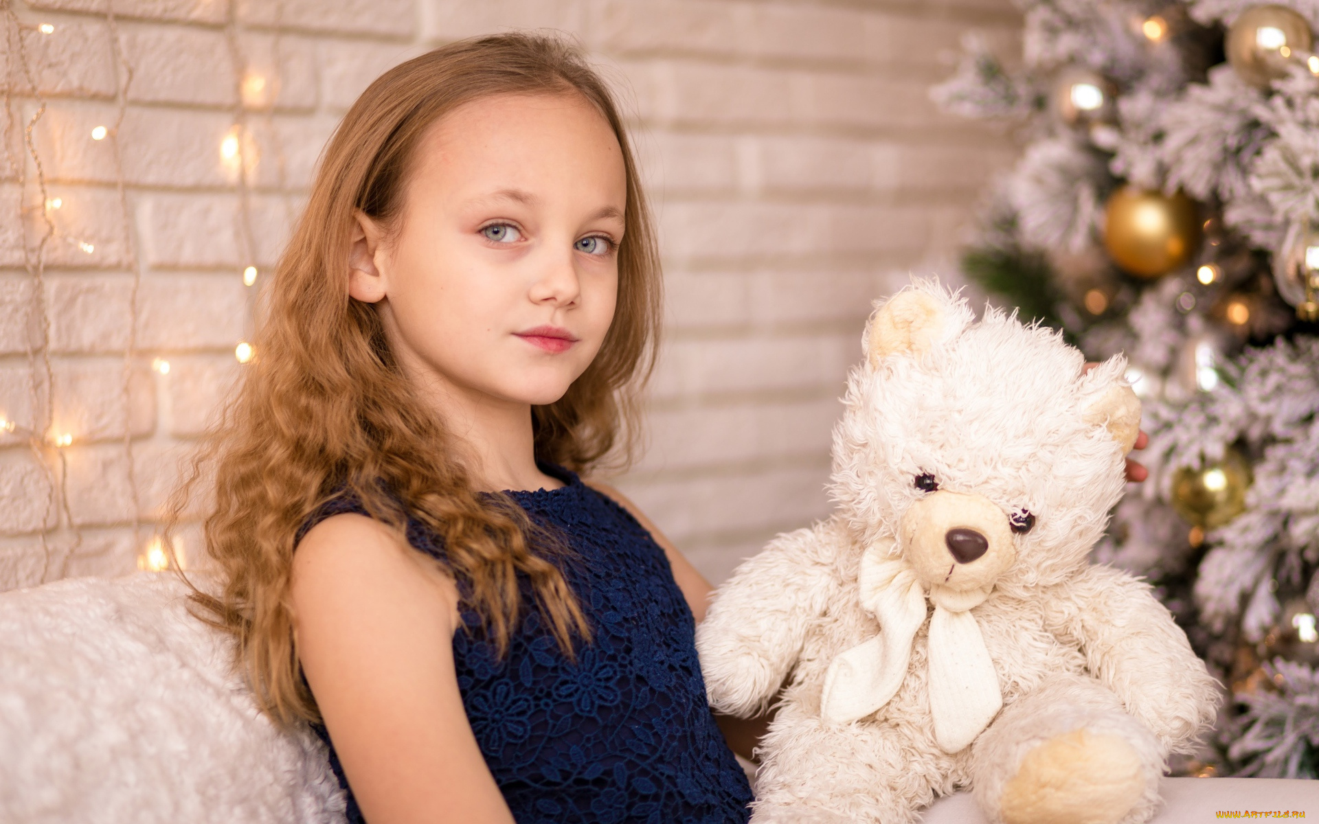 разное, дети, девочка, платье, мишка, гирлянда, ёлка