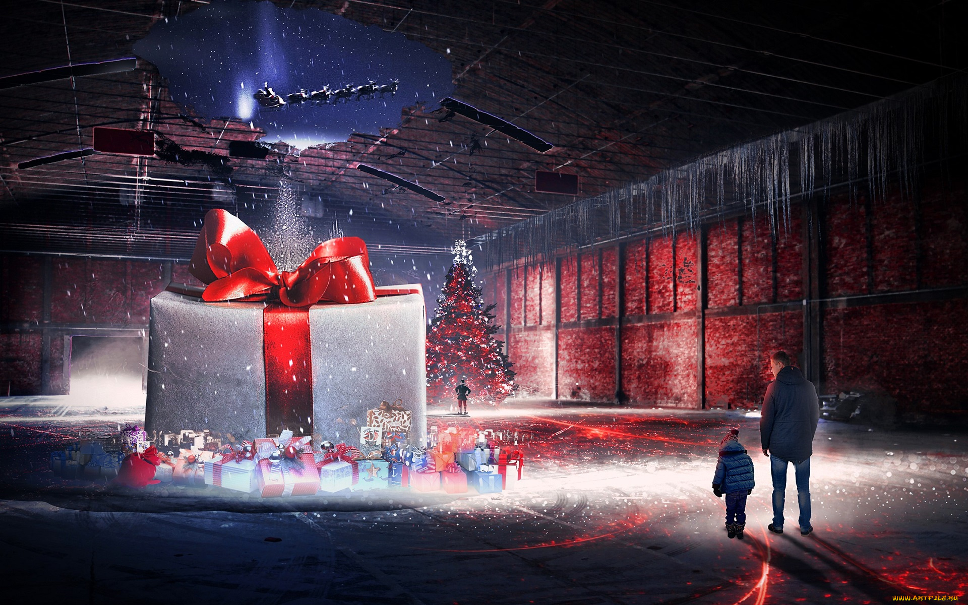 разное, компьютерный, дизайн, санта, клаус, олени, крыша, дыра, подарки, мужчина, ребенок