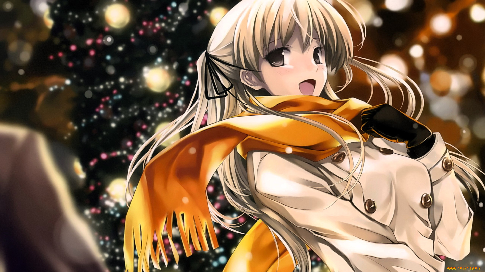 аниме, зима, , новый, год, , рождество, девушка, шарф, плащ, ёлка