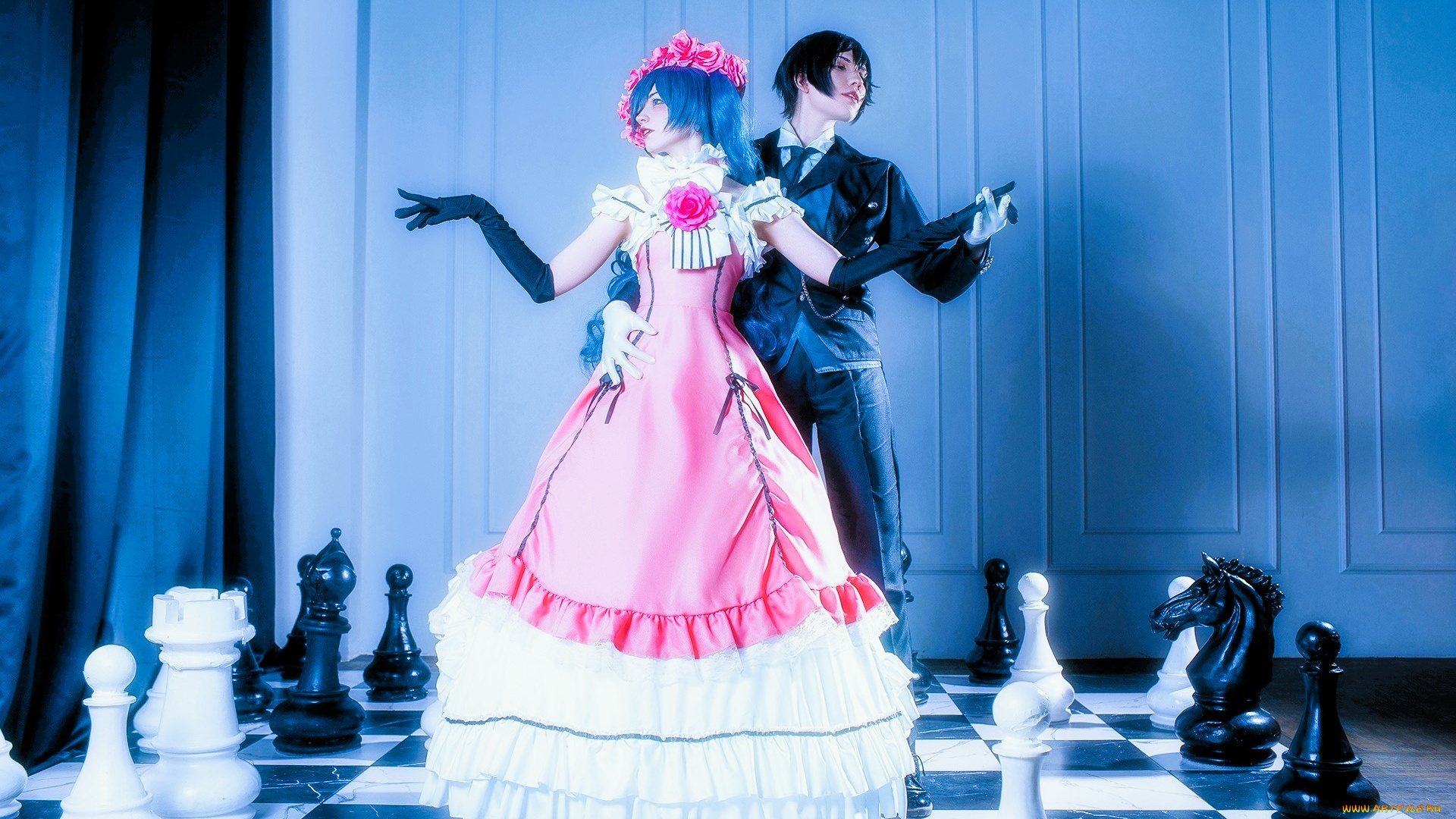 девушки, tenletters, пара, наряды, танец, клетки, шахматы, фигуры