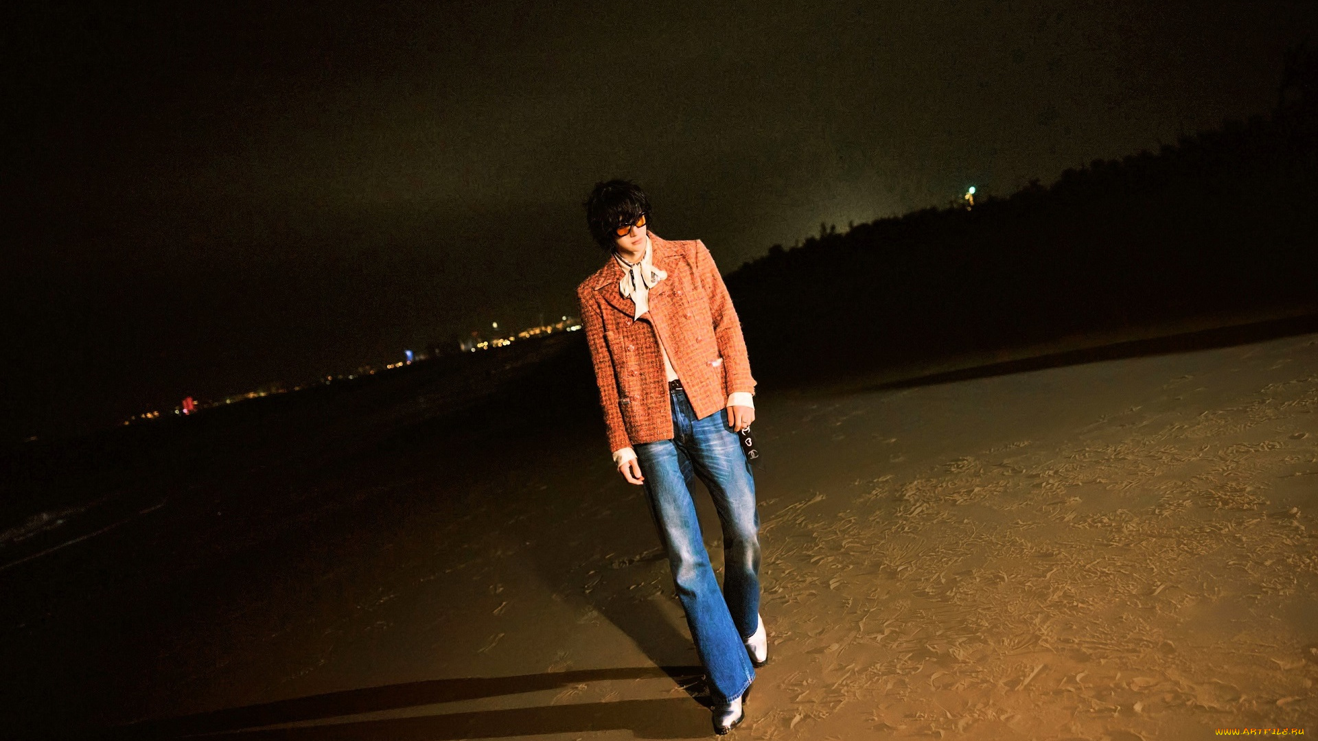 мужчины, wang, yi, bo, актер, пиджак, очки, джинсы, берег, огни