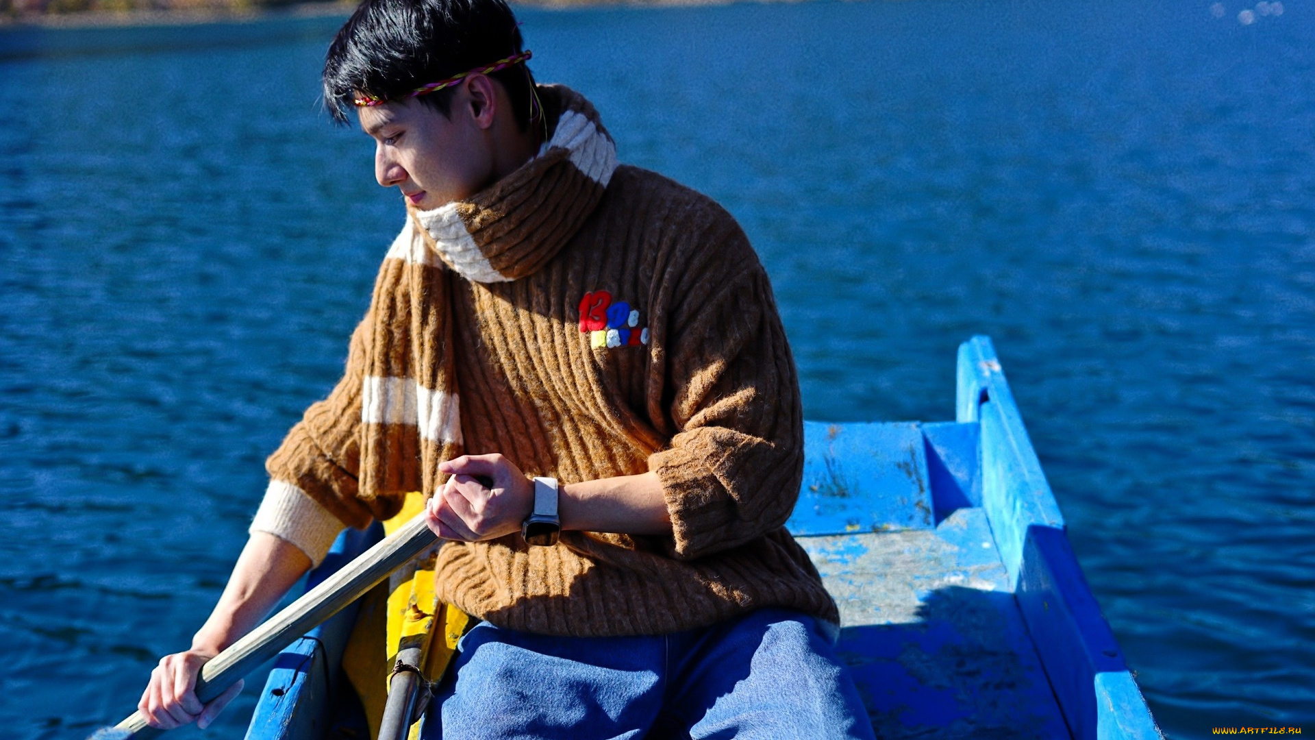 мужчины, wang, zhuocheng, актер, лодка, весло, шарф, свитер, озеро