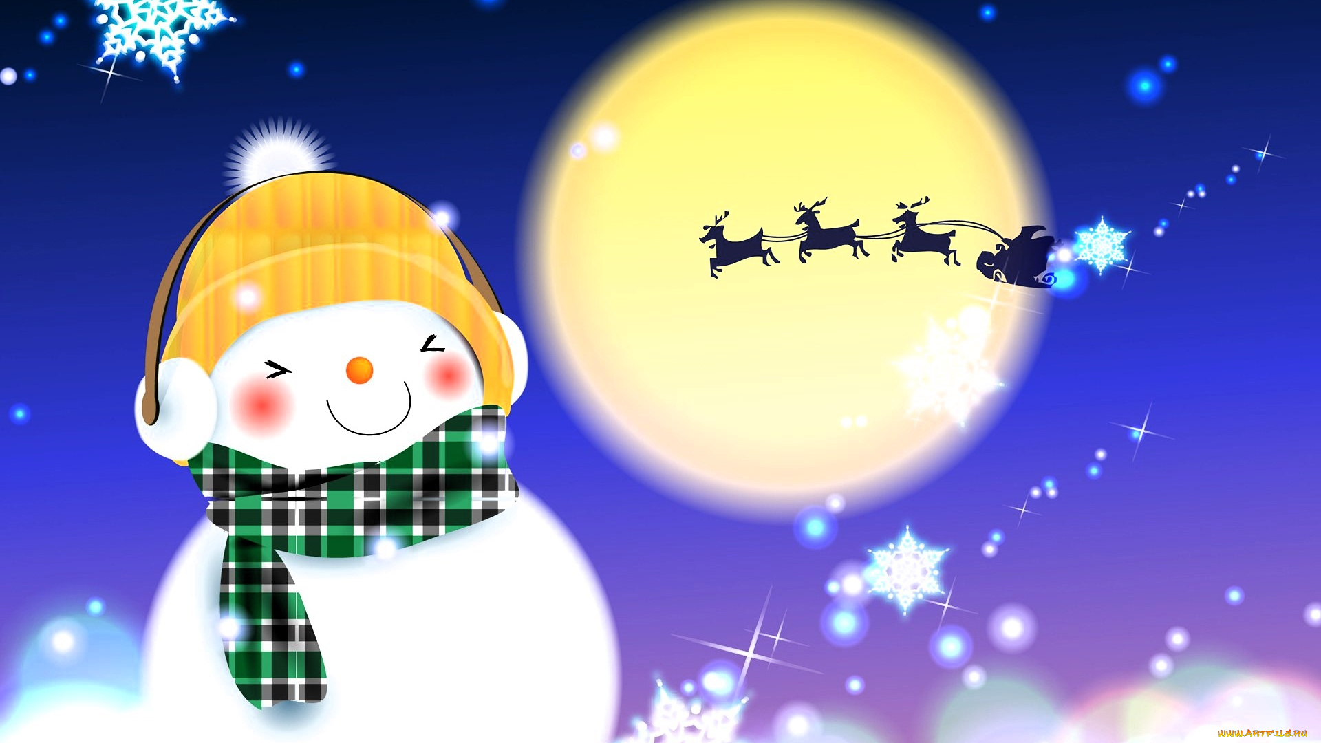 праздничные, векторная, графика, , новый, год, снежинка, снеговик, шапка, шарф, наушники, луна