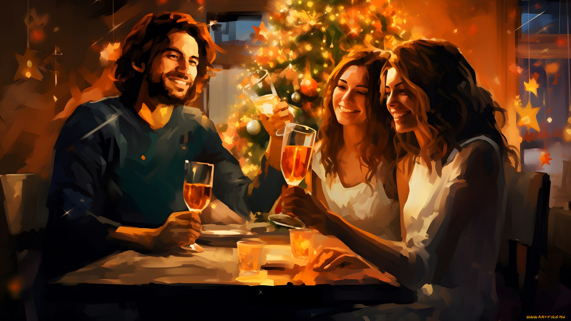 рисованное, праздники, парень, девушки, бокалы, праздник, ёлка, новый, год