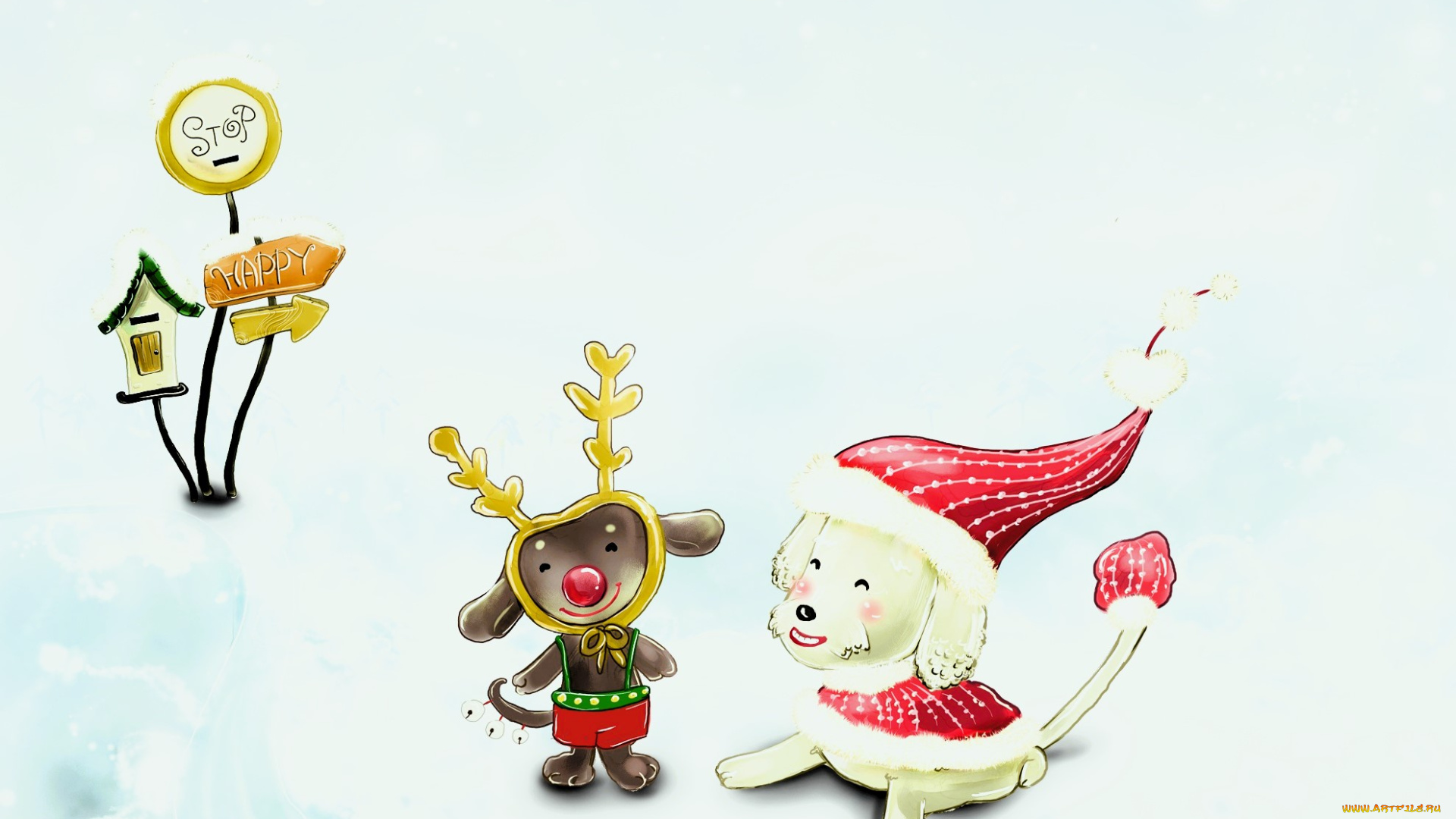 рисованное, праздники, снег, указатель, костюмы, новый, год, собаки