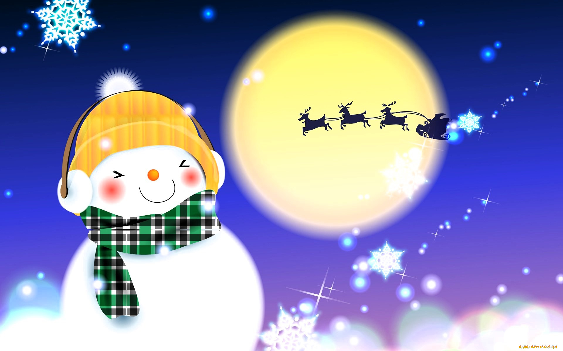 праздничные, векторная, графика, , новый, год, снежинка, снеговик, шапка, шарф, наушники, луна