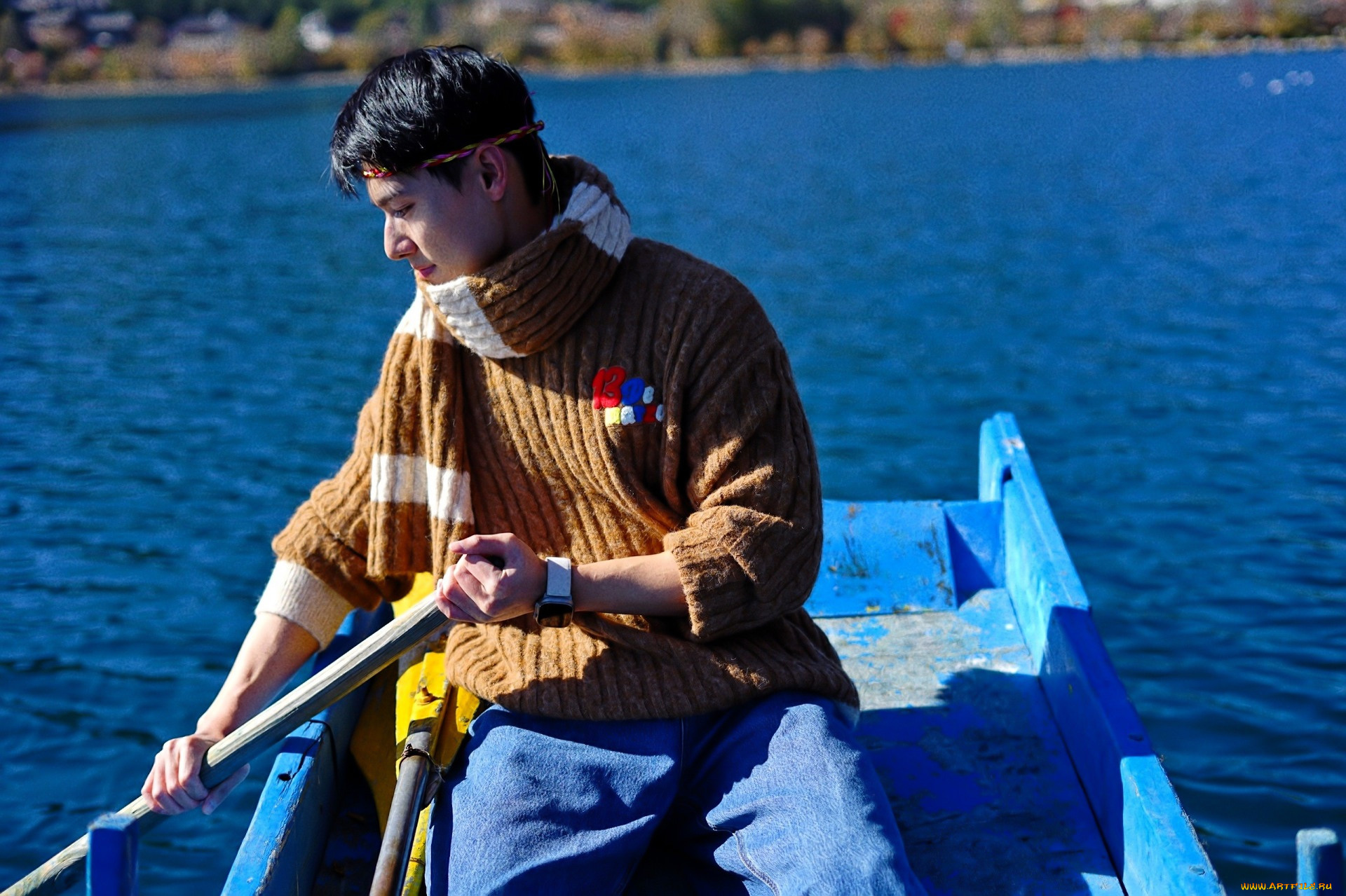 мужчины, wang, zhuocheng, актер, лодка, весло, шарф, свитер, озеро
