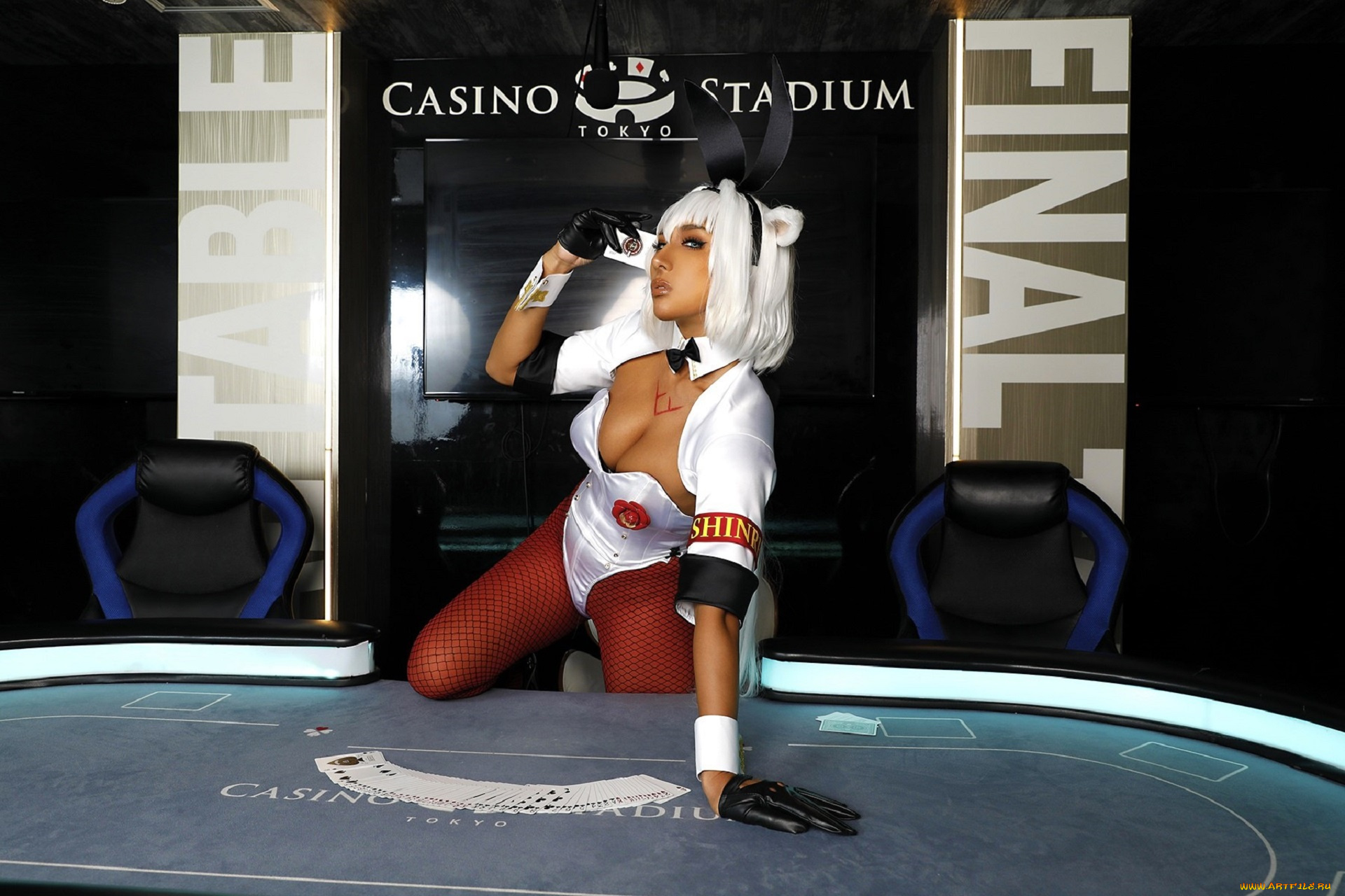 девушки, nonsummerjack, образ, костюм, косплей, казино, крупье, стол, карты