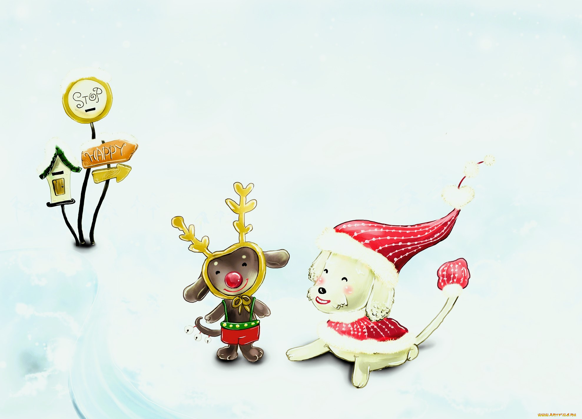рисованное, праздники, снег, указатель, костюмы, новый, год, собаки