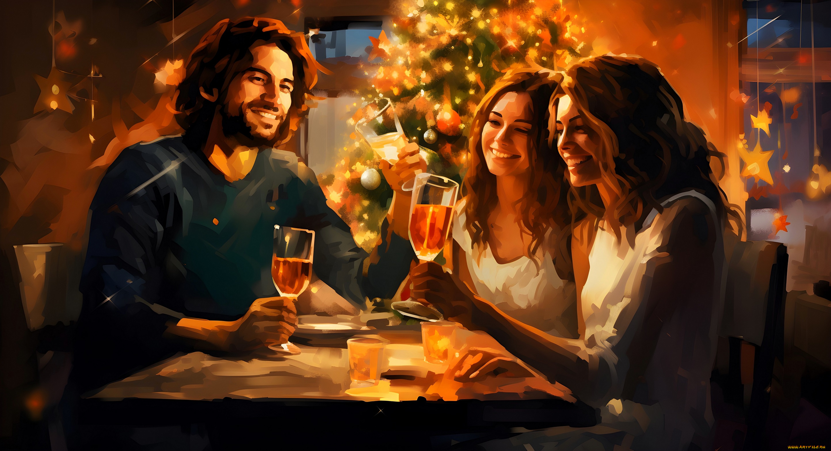 рисованное, праздники, парень, девушки, бокалы, праздник, ёлка, новый, год