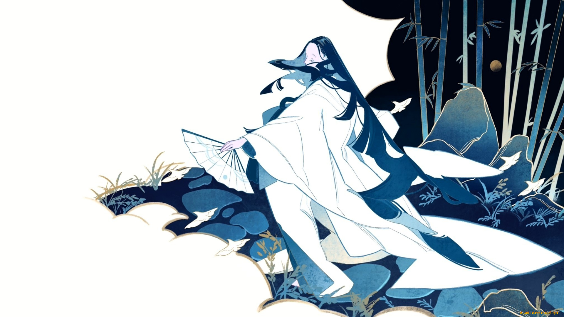 аниме, unknown, , другое, , девушка, наряд, веер, камни, бамбук