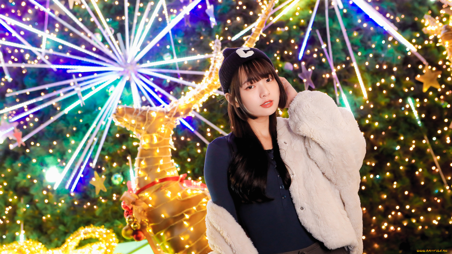 девушки, -, азиатки, шатенка, шапка, куртка, олени, карусель, огни, рождество