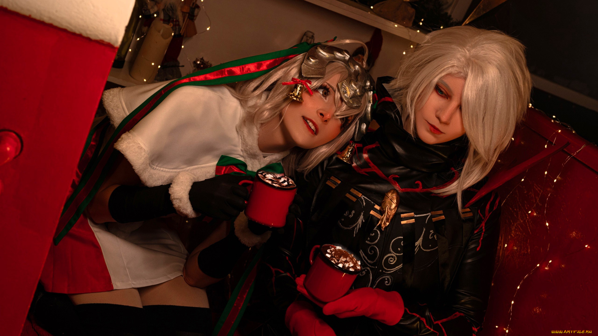 девушки, mari, aisu, образы, косплей, наряды, костюмы, копье, огни, новый, год, автобус, украшения, подарки, чашки