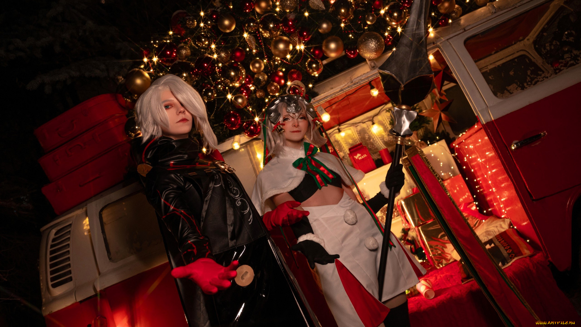 девушки, mari, aisu, образы, косплей, наряды, костюмы, копье, огни, новый, год, автобус, украшения, подарки