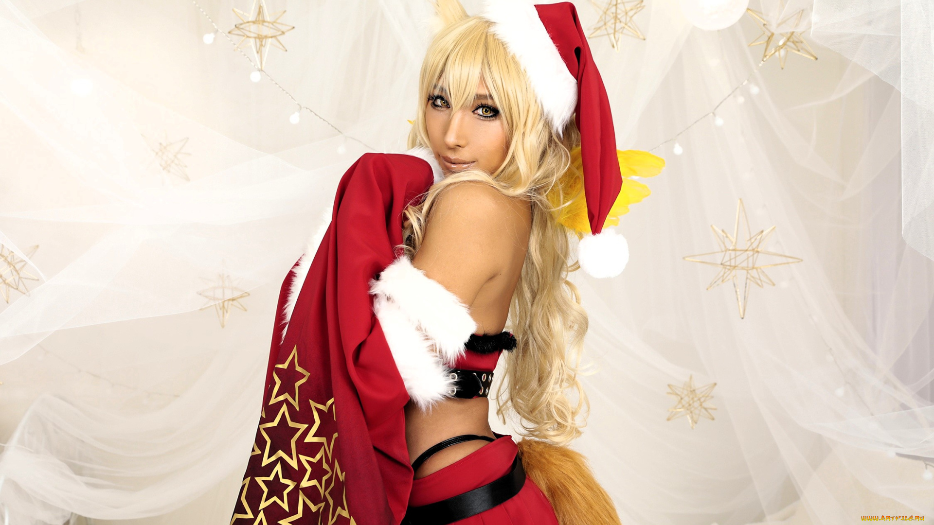 девушки, nonsummerjack, образ, косплей, наряд, костюм, снегурочка, новый, год, ушки, шапка, топ, рукава, хвост, юбка