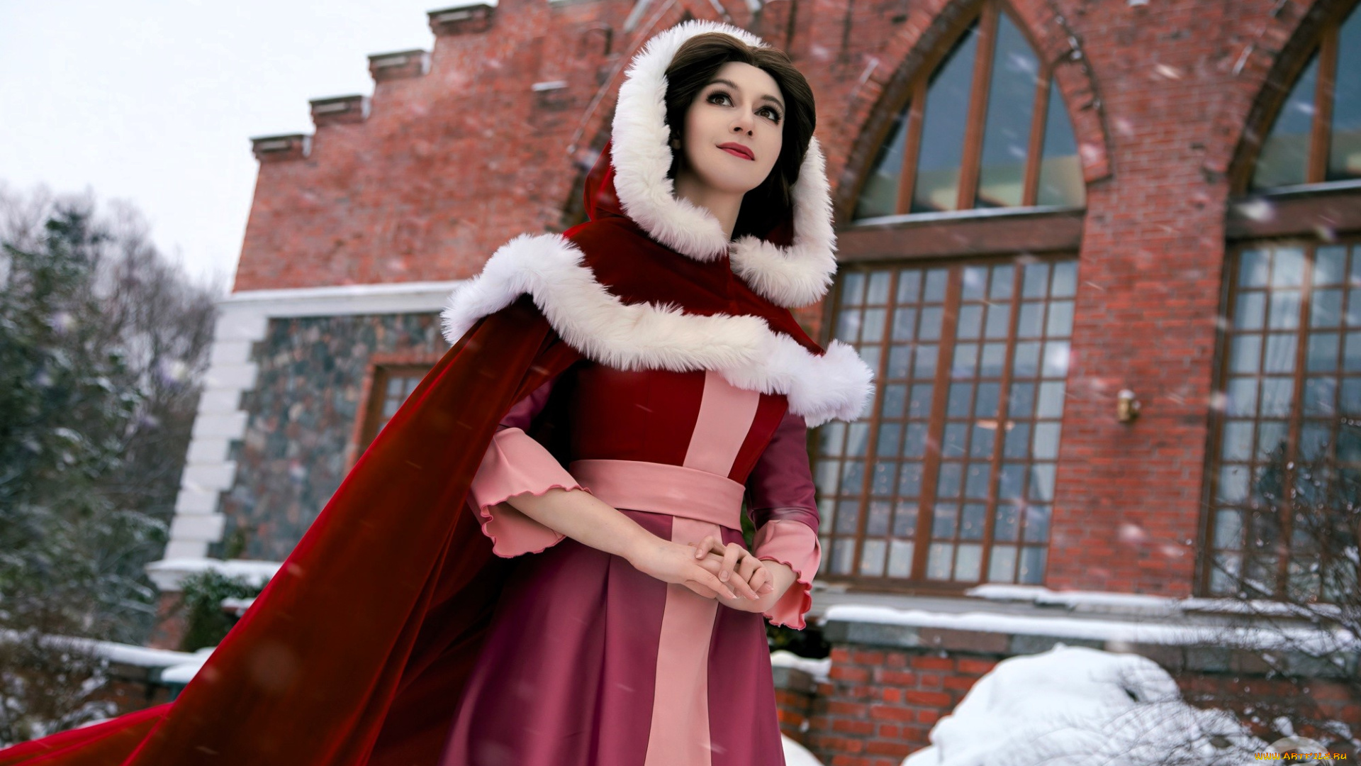 девушки, tomka, violea, образ, косплей, наряд, костюм, плащ, зима, снег, дом