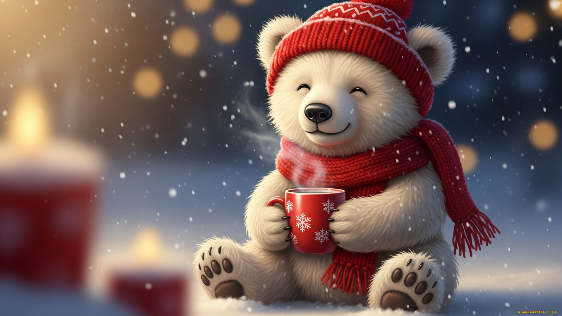 нейросеть, 3д, графика, животные, , animals, зима, арт, чашка, медвежонок