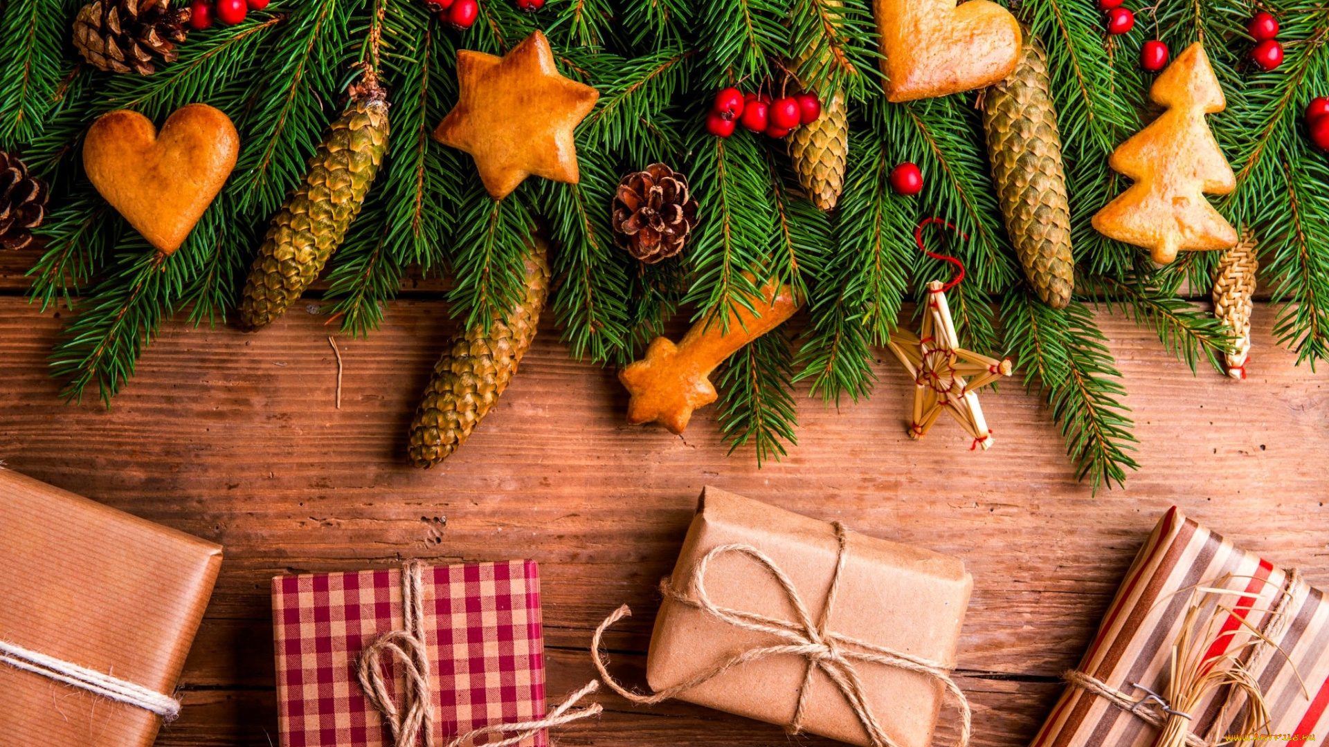 праздничные, подарки, и, коробочки, ёлка, ветки, ягоды, шишки, печенье, подарки