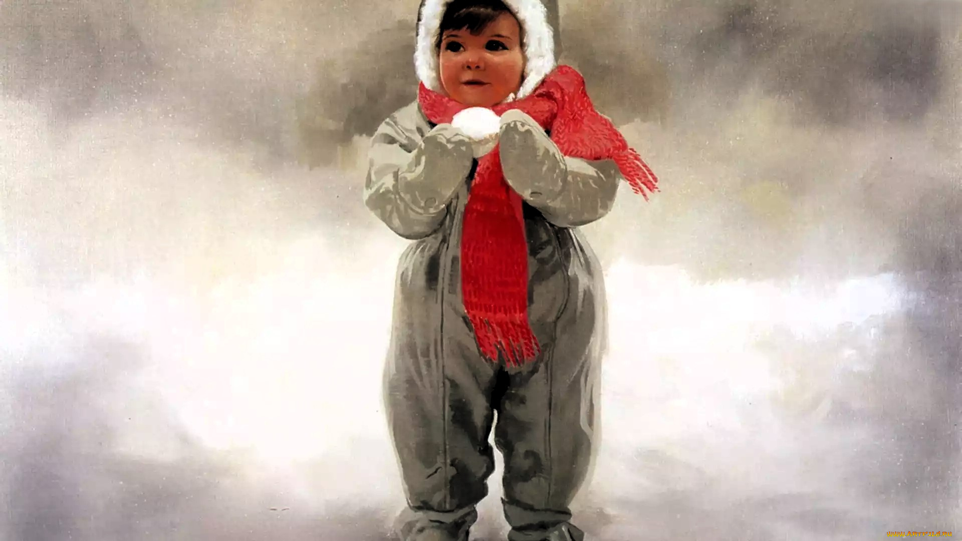 рисованное, donald, zolan, ребенок, комбинезон, шарф, снежок