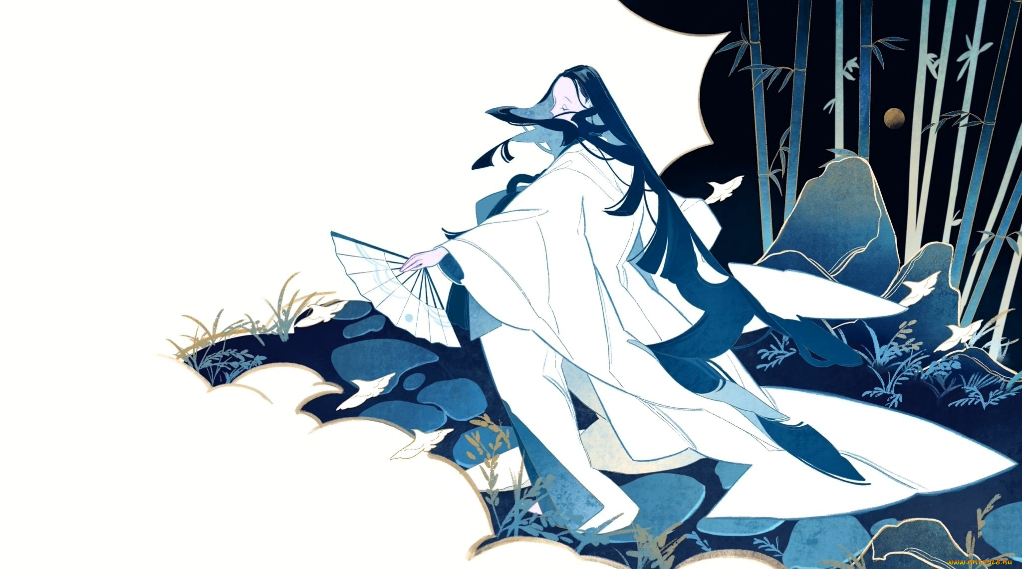 аниме, unknown, , другое, , девушка, наряд, веер, камни, бамбук