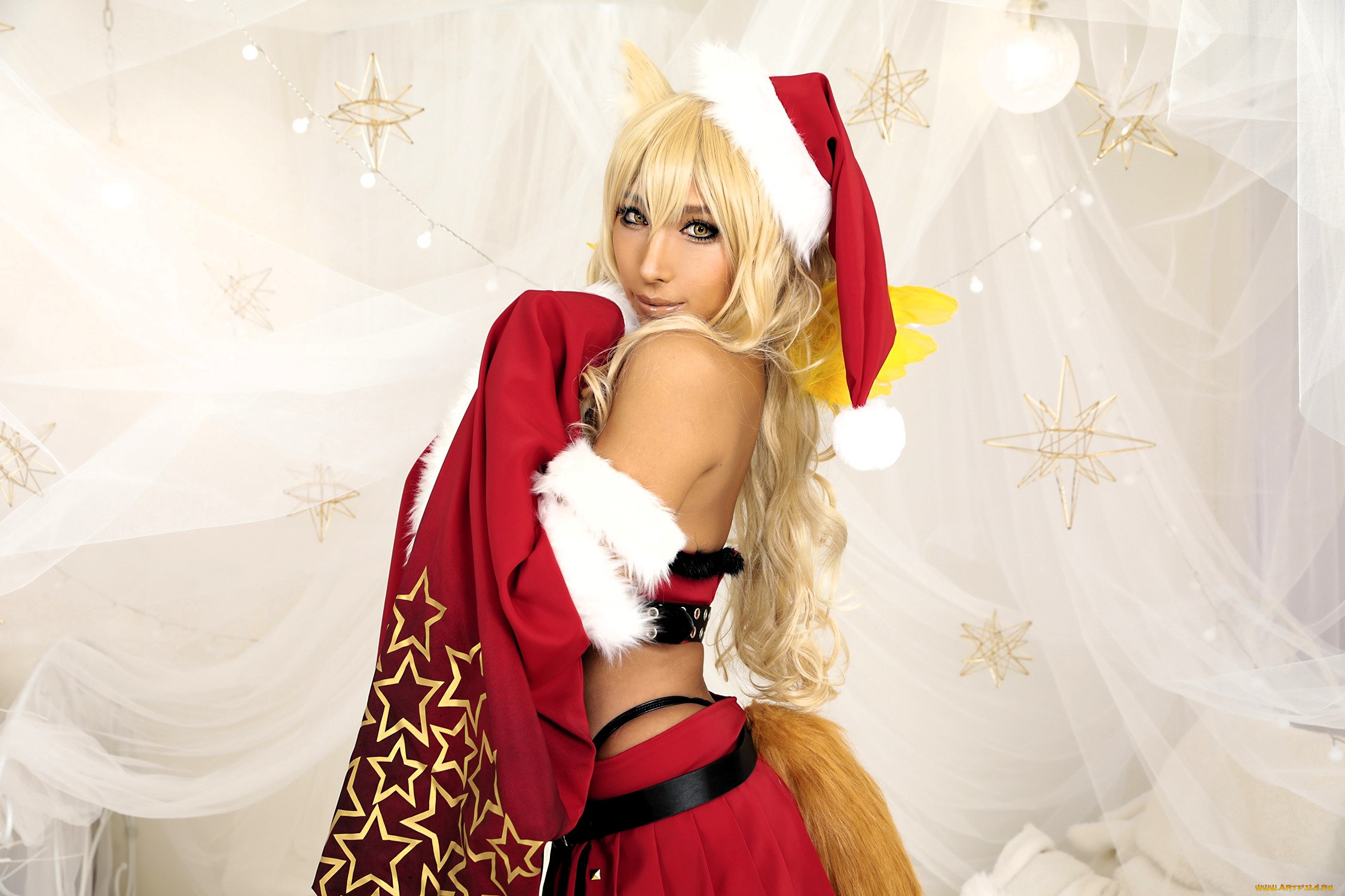 девушки, nonsummerjack, образ, косплей, наряд, костюм, снегурочка, новый, год, ушки, шапка, топ, рукава, хвост, юбка