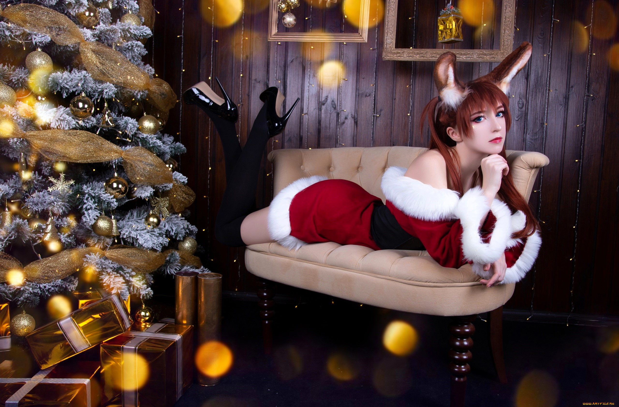 девушки, momo, образ, косплей, наряд, диван, ушки, ёлка, подарки, новый, год