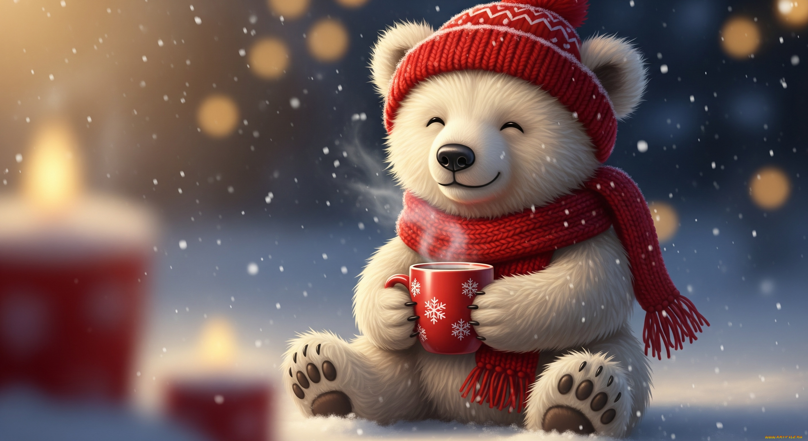 нейросеть, 3д, графика, животные, , animals, зима, арт, чашка, медвежонок