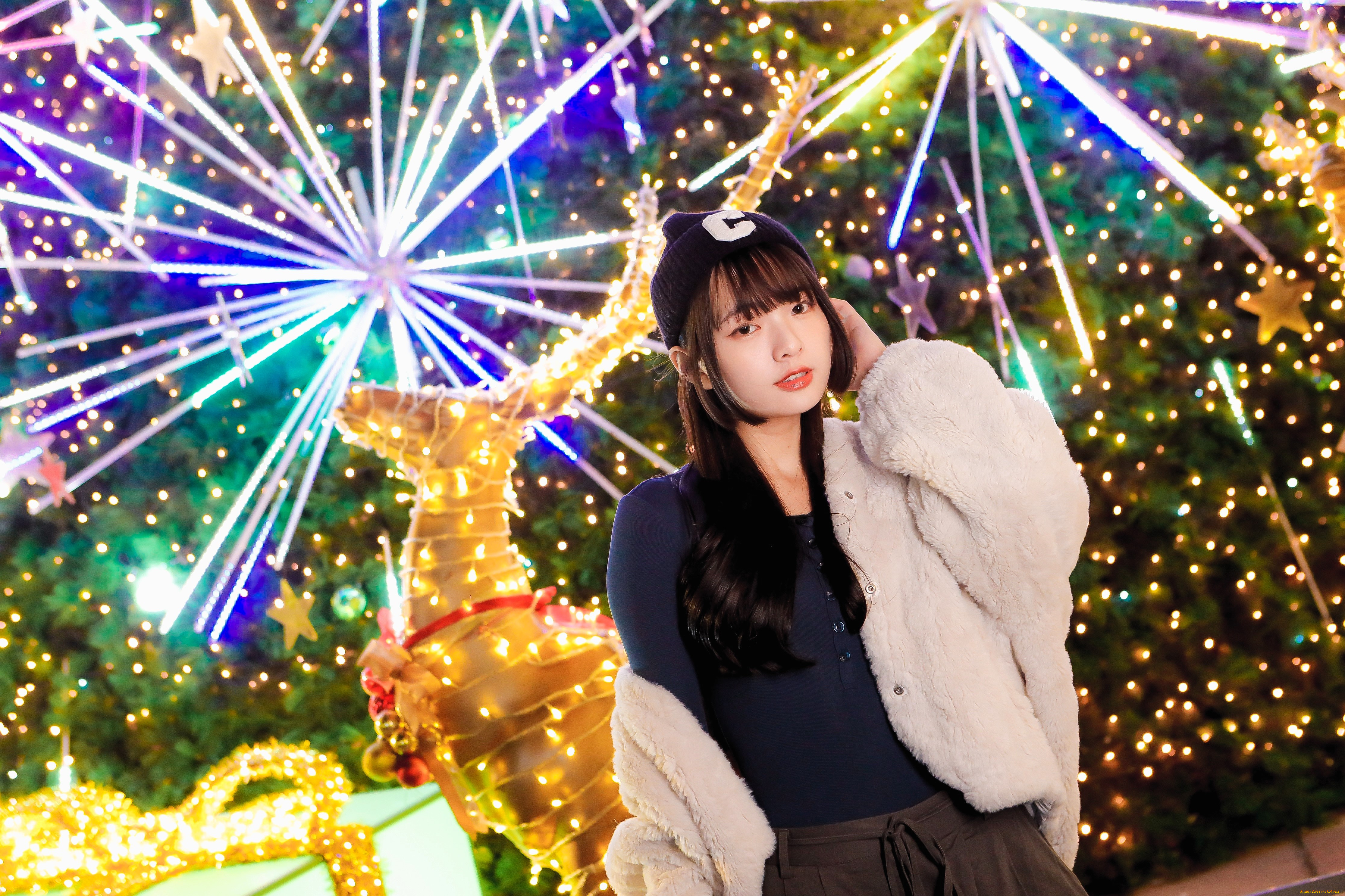 девушки, -, азиатки, шатенка, шапка, куртка, олени, карусель, огни, рождество