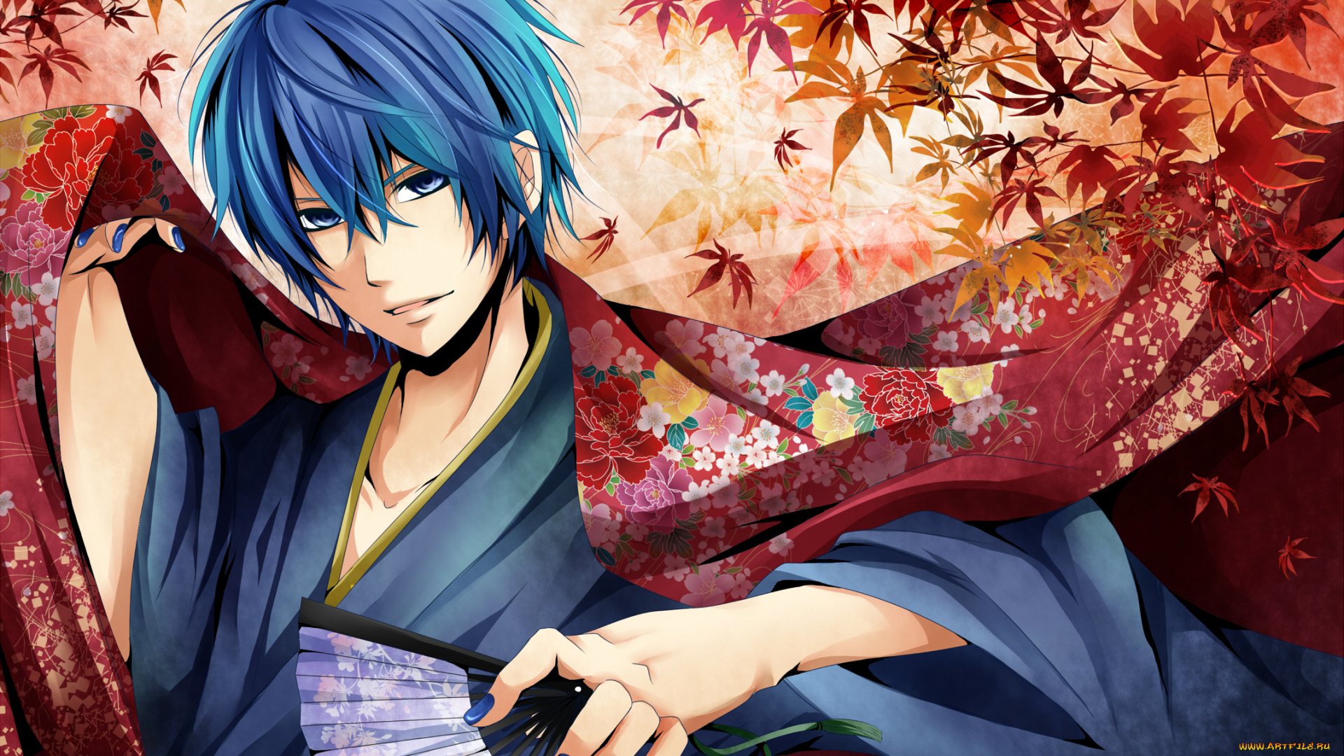 аниме, vocaloid, kaito, парень, кимоно, веер, осень