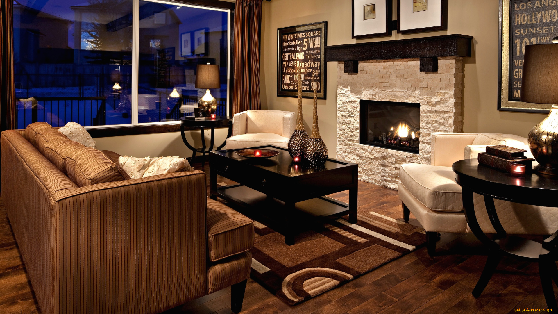 интерьер, гостиная, диван, кресла, столик, вазы, камин