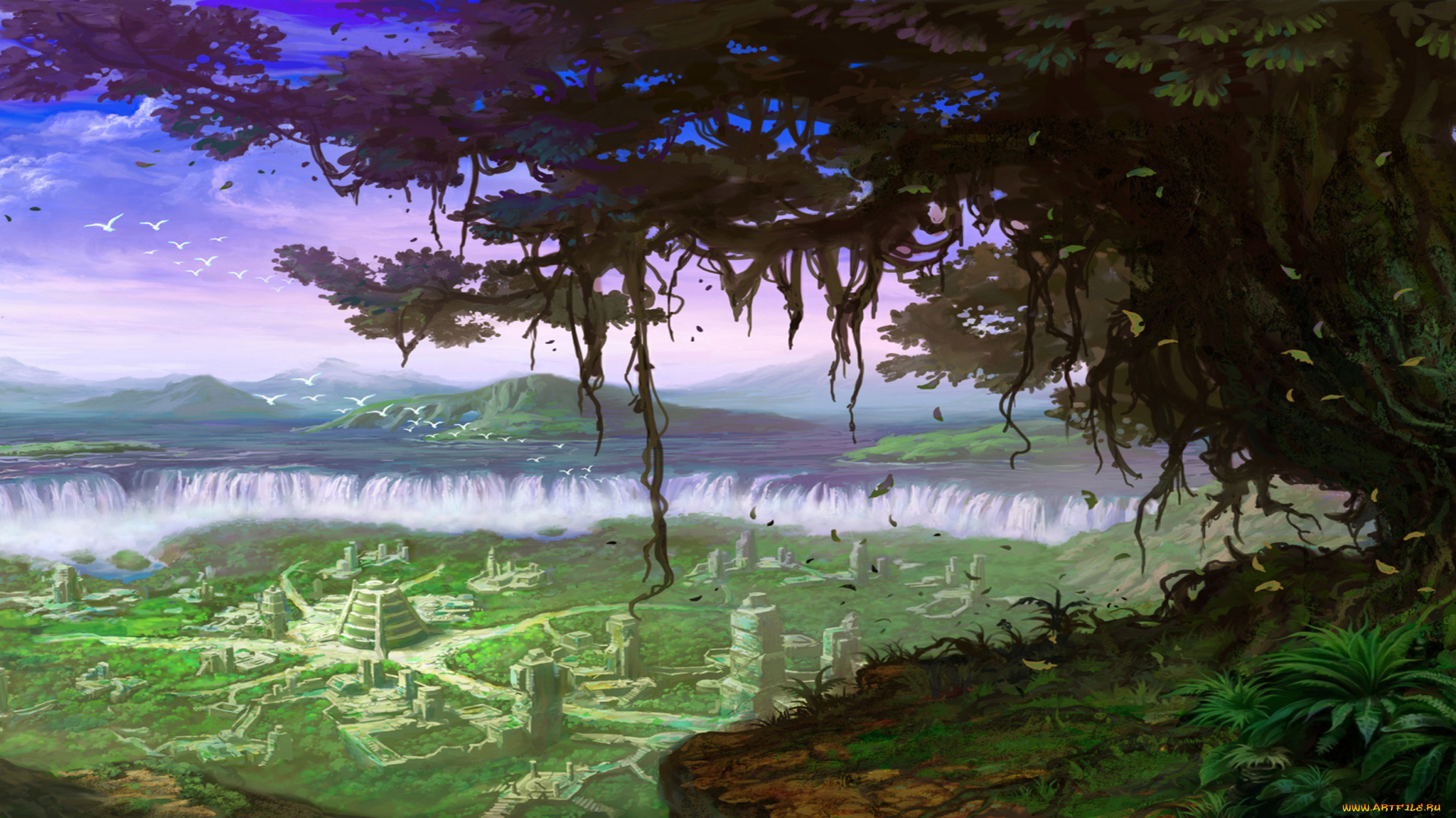 видео, игры, warrior, epic, остров, руины, лианы, дерево, город, водопады, пейзаж
