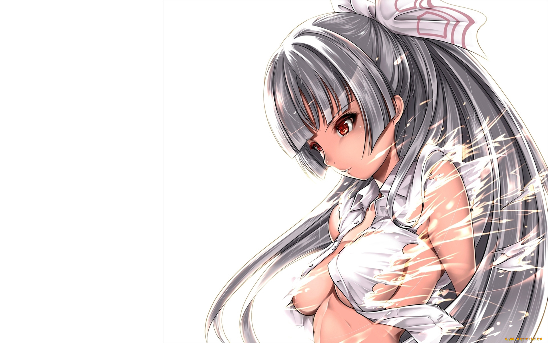 аниме, touhou, бант, красные, глаза, одежда, обрывки, белый, фон, девушка, fujiwara, no, mokou, saburou