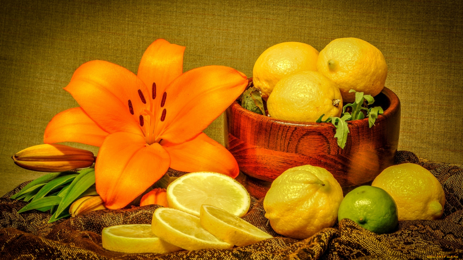 еда, цитрусы, лилия, лимоны