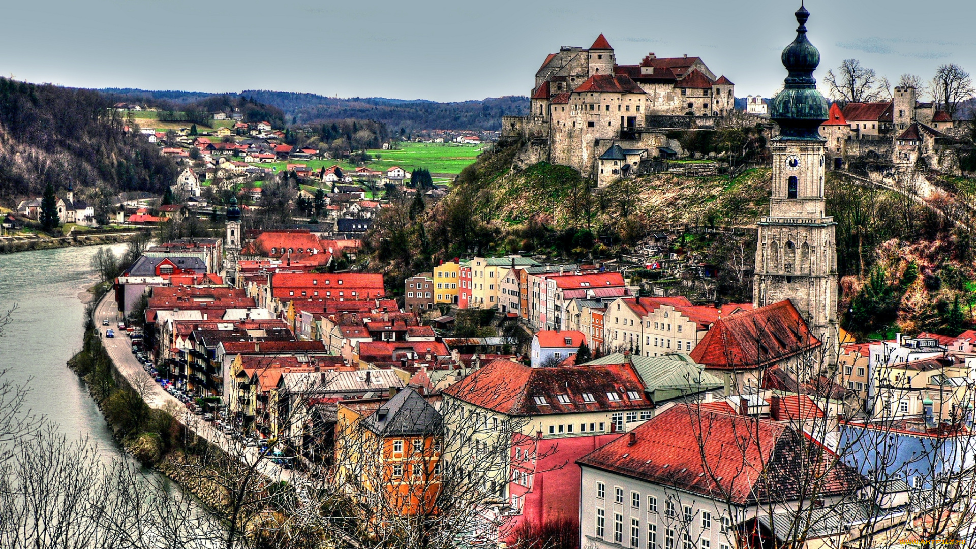 города, панорамы, река, крыши, собор, burghausen, bavaria, germany