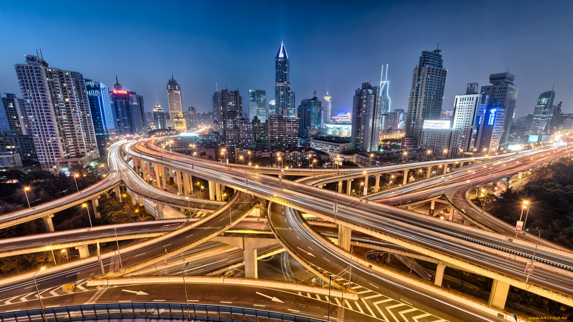 города, шанхай, китай, ночь, небоскребы, дорога