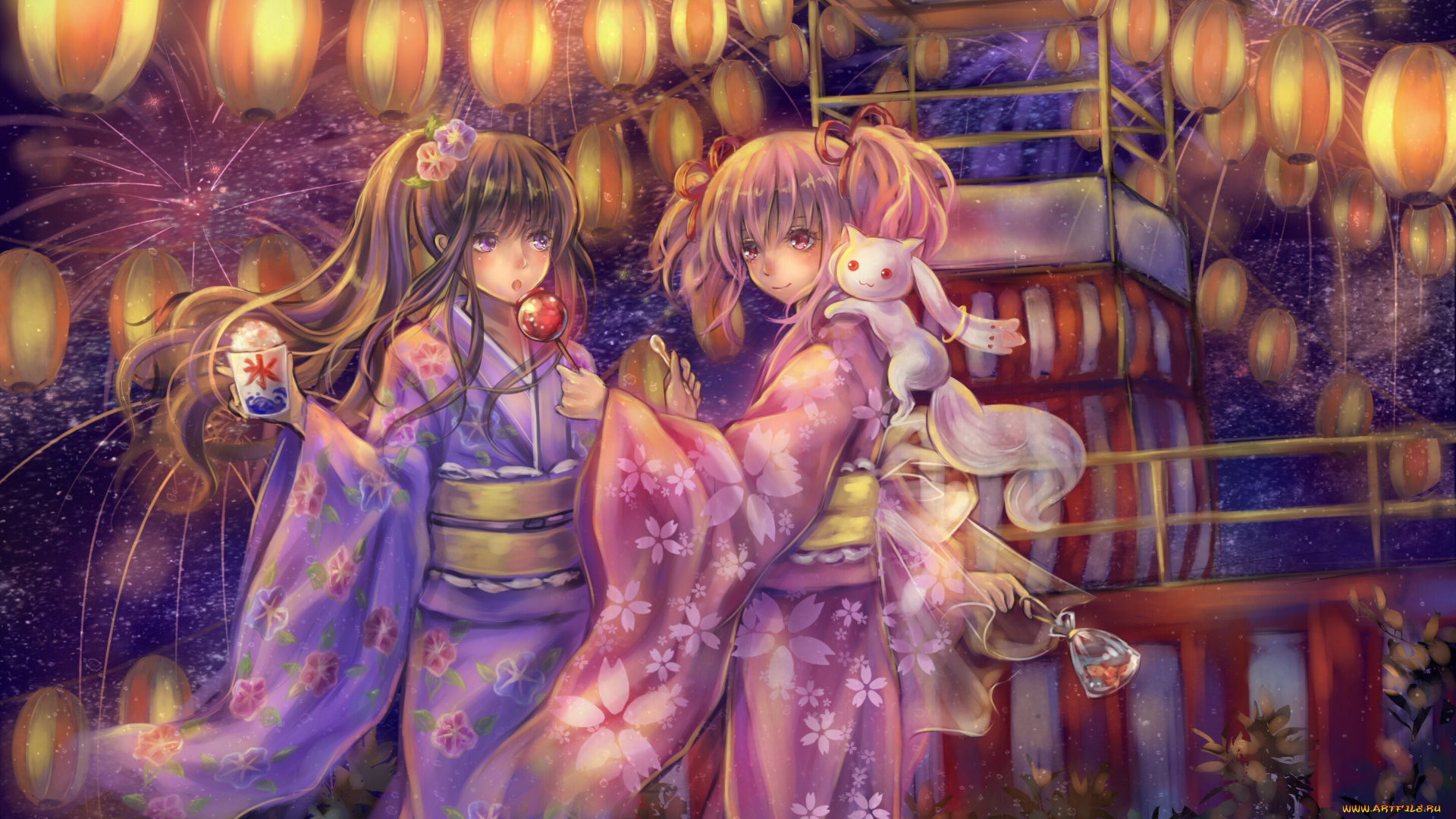 mahou, shoujo, madoka, magica, аниме, magika, кимоно, фонарики, кошка, девочки, akemi, homura, kaname