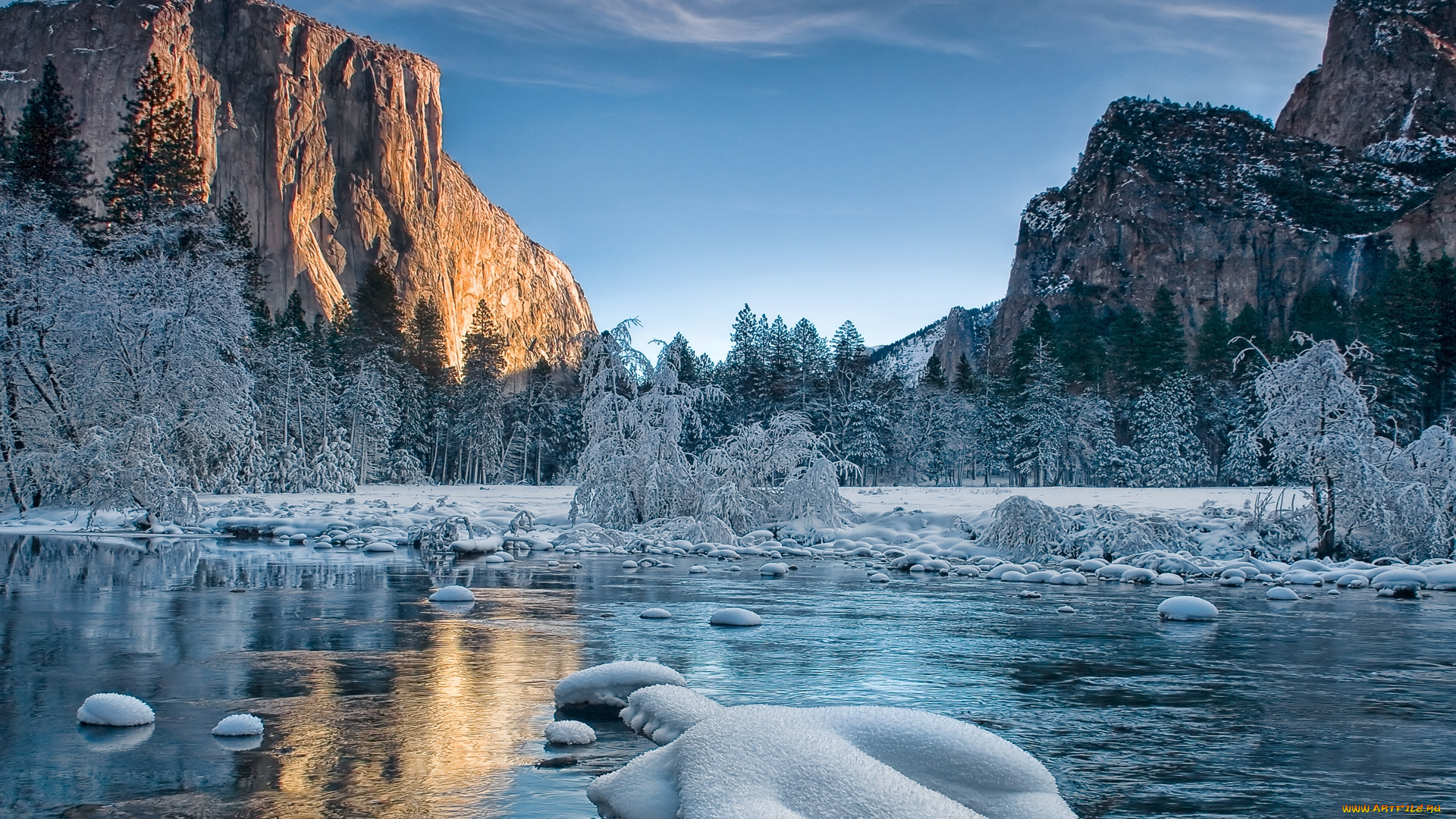 природа, зима, вода, горы, снег, деревья