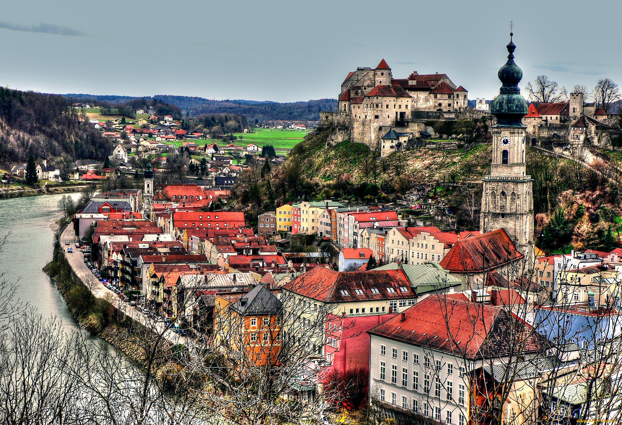 города, панорамы, река, крыши, собор, burghausen, bavaria, germany