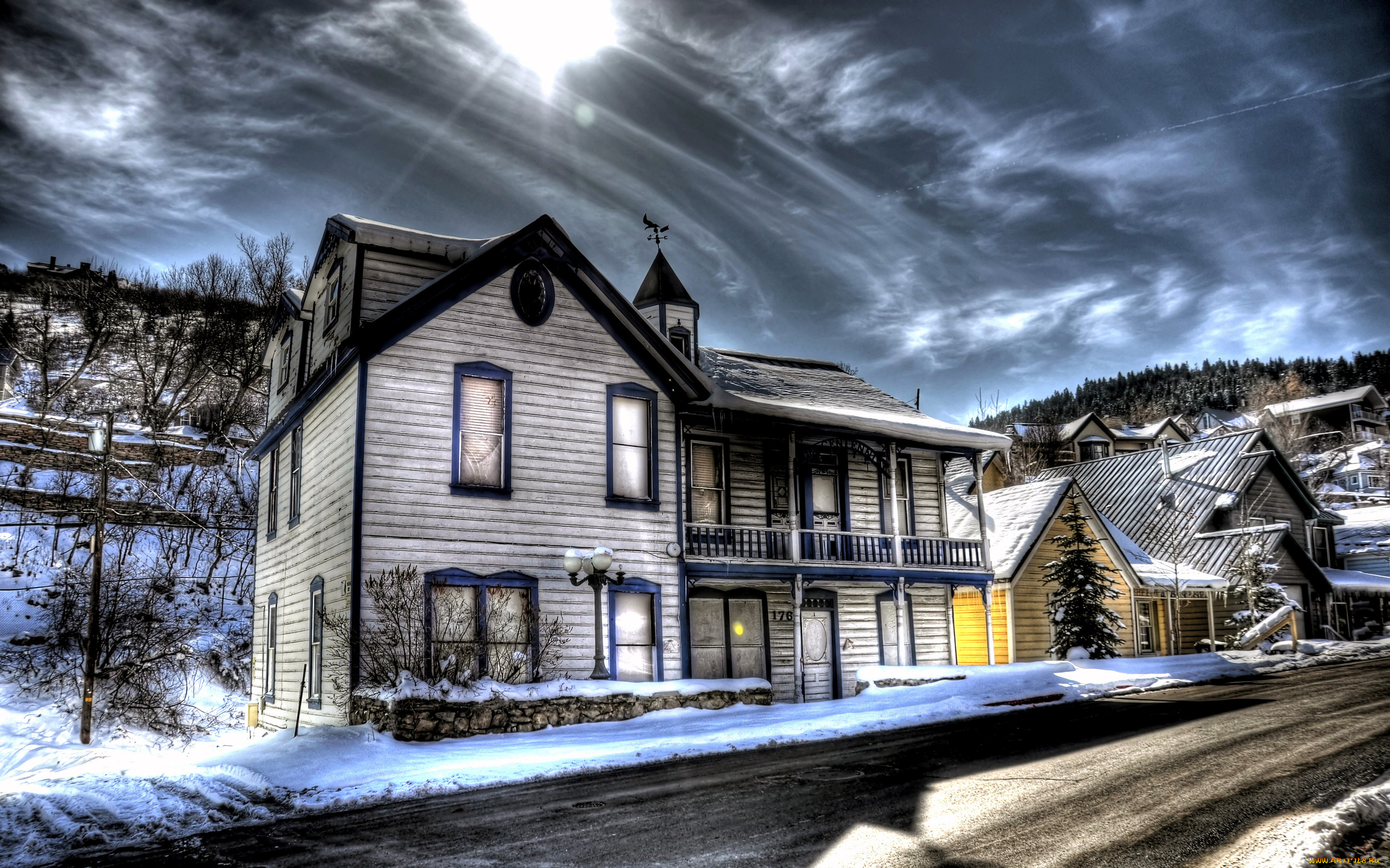 домики, города, улицы, площади, набережные, зима, дома, небо