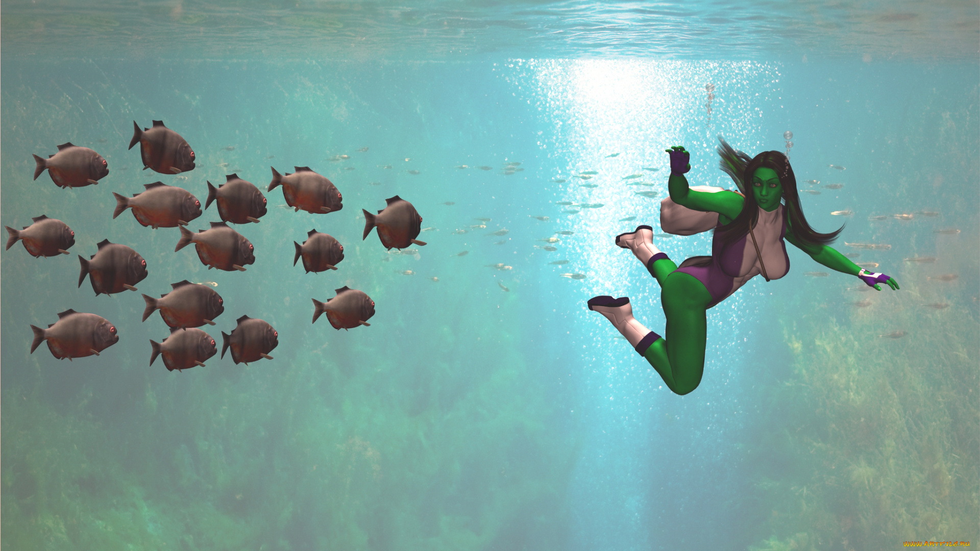 3д, графика, fantasy, , фантазия, пирании, вода, девушка