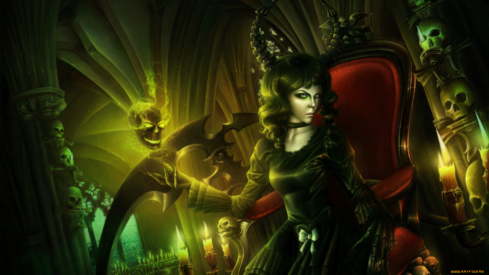 фэнтези, демоны, свечи, магия, трон, черепа, демон, готика