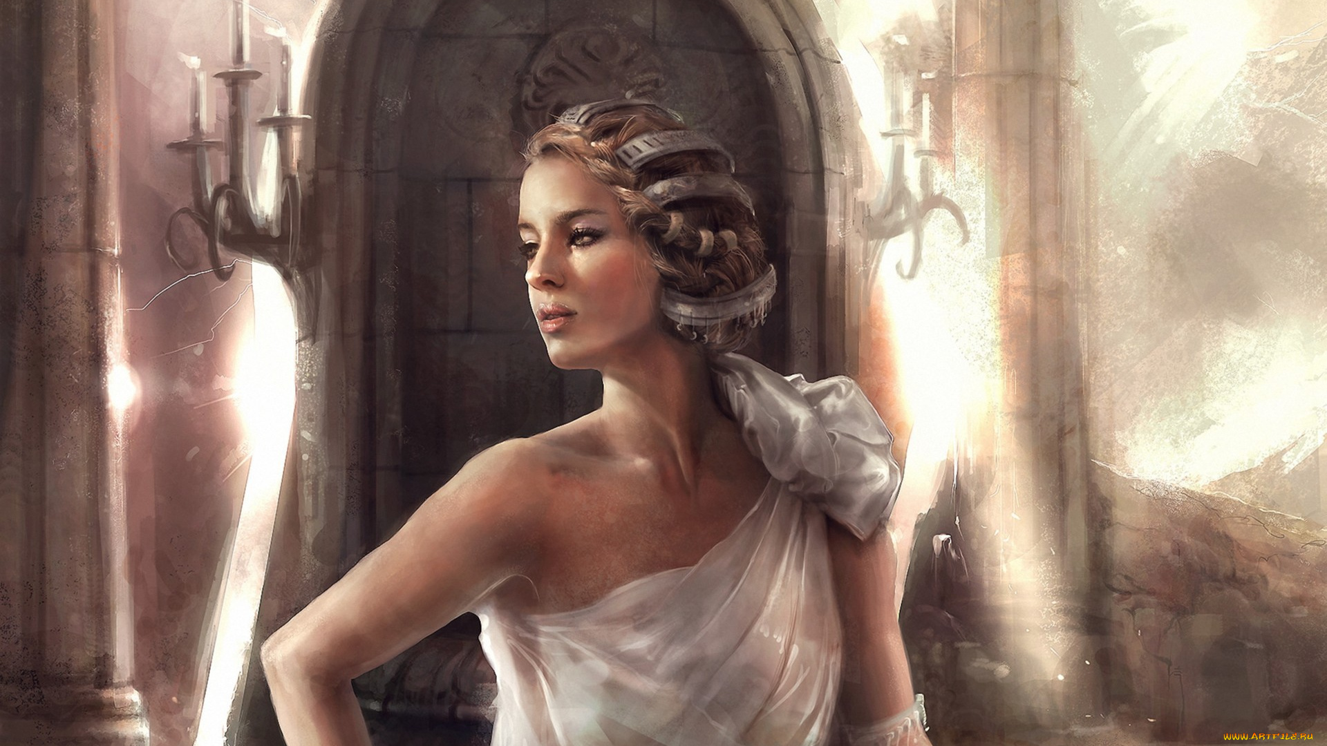 фэнтези, девушки, колонны, девушка, подсвечники, готика